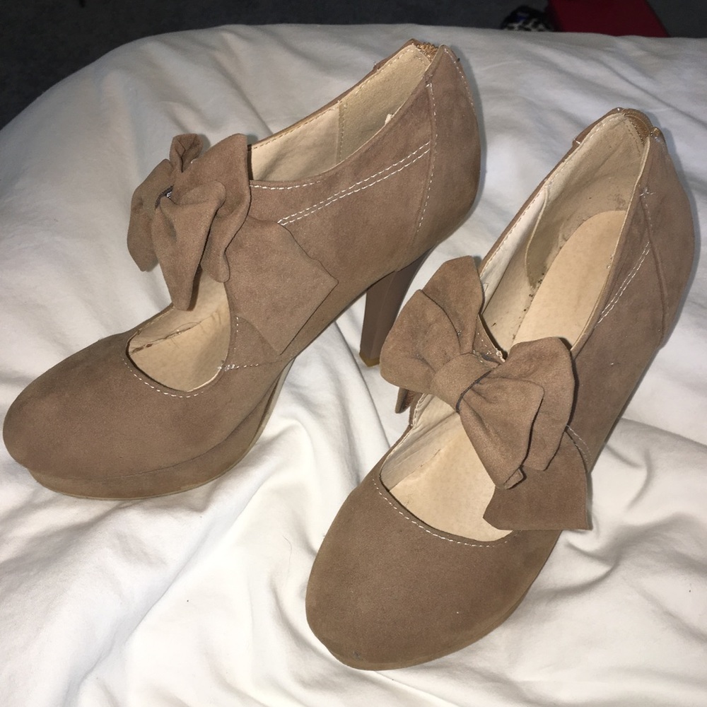 Tan Suede Bow Tie Heels